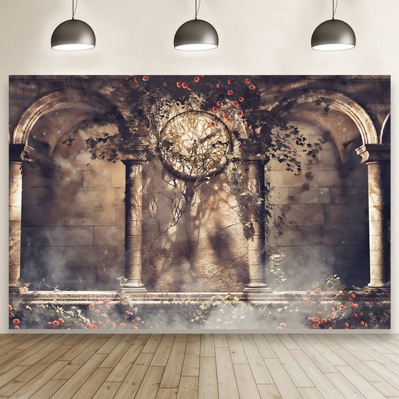 Laeacco Retro Clock Gothic Backdrop 10x8ft Vinyl Photography Background Rose Ivy Arch Architecture Building Stone Wall Fantasy Scene Wedding Parties Backdrops - Image 2